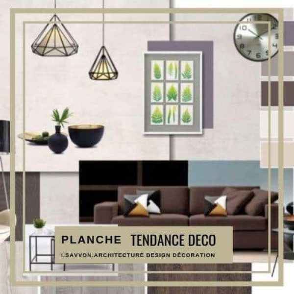 Avec la 'Planche Tendance Déco' vous avez les bases pour réussir votre projet et la decoration de votre intérieur : Plans, Couleurs, Mobilier, Matériaux, Accessoires ...